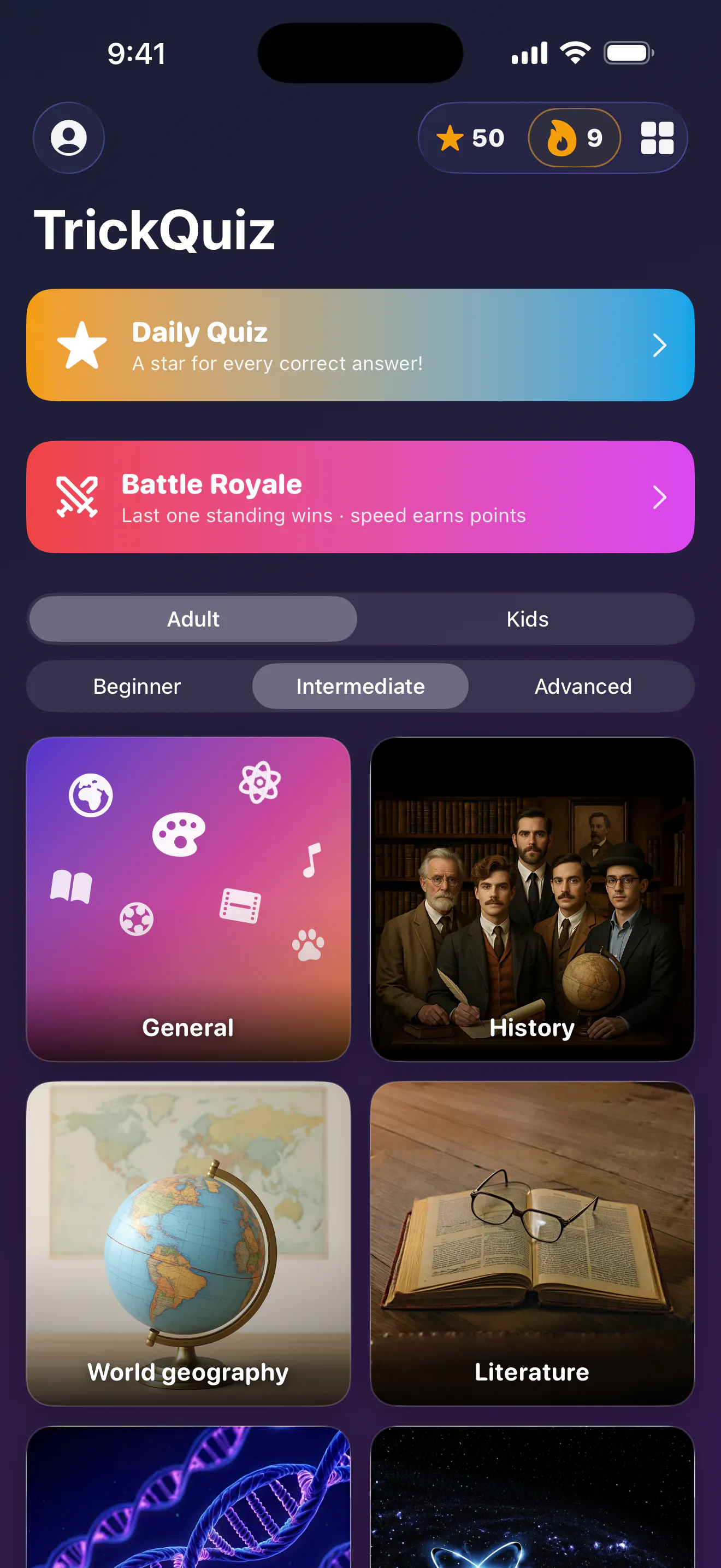 The TrickQuiz home screen, showing a grid of colourful topic tiles and a star balance.